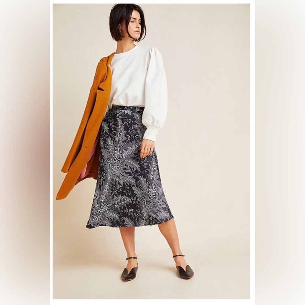Anthropologie Satin Floral Black Midi Skirt
